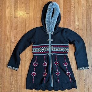 Hanna Andersson Black Hooded Knit Sweater Coat with Gray Faux Fur Trim